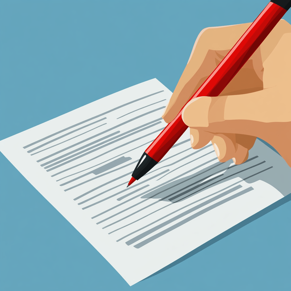 Une main tenant un stylo rouge corrige un texte