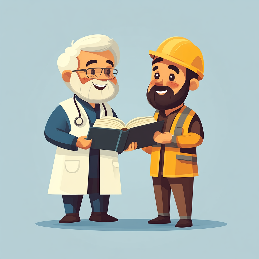 Un médecin et un ouvrier qui partagent un livre
